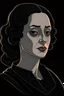 Placeholder: A portrait of a 40-years old beautiful aristocrat woman from XV century in strict dark clothes, authoritative, cold, emotionless, in the style of Genndy Tartakovsky's cartoons, uncovered head