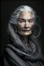 Placeholder: a photo of an Scandinavian woman with ethnic jewelry, grey hair and grey flowing robe, in style of Annie Leibovitz, contemporary portrait of a mature yet beautiful and modernist woman, black and grey, detailed feminine face, swirling fluid smokey enigma, award-winning artwork