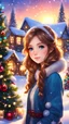 Placeholder: Beautiful Christmas anime girl with shiny light brown hair, lovely sparkling blue eyes, surrounded by Christmas trees and other festive decorations, cute cottages, twinkling lights, snow landscape, sunset light, digital painting, vivid colors