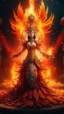 Placeholder: Full body wide-angle RAW photo, fire queen wearing luxurious and ornate clothes, fully covered, holding a ball of fire, opals and floral decorations, fractal wings texture, coming out of a burst of fire, winter scenery in the background, beautiful Indonesian woman's face, skin high detail, phoenix, fire, 8k uhd, dslr, soft lighting, high quality, film grain