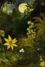 Placeholder: A dark gold rainforest near a bamboo’s forest surrounded flowers with rocks, painted by Paul Gauguin