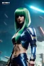 Placeholder: Futuristic warrior, waist up portrait, physically fit, latex and leather attire, green hair, blue eyes, intricate eyeliner, vibrant eyeshadow, clear completion, soft lighting, 4k resolution, intricate details, insanely detailed, colorful cityscape background, masterpiece, expert, cinematic smooth, retroanime style, realistic details, no helmet