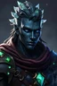 Placeholder: Please generate a male earth genasi warrior for D&D. he should have dark-colored skin with glittering sparkles like gem dust. he should have lines marking his skin like cracks, showing glimmering gem-like veins and a faint glow. His hair should appear carved of crystal. he should be in her mid-40s and in warrior armor. he have blue eyes.
