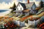 Placeholder: painting depicting a picturesque, richly detailed location, similar to the work of masters such as Josephine Wall or Tomasz Alen Kopera. A cozy, quaint white cottage with a gray shingled roof nestled among sandy dunes. A wooden fence encloses a charming garden blooming with colorful flowers like red poppies and white daisies in front of the house. The property features two gable-fronted dormers with windows, complementing white-framed windows adorned with lace curtains, and a sky-blue front door