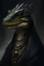 Placeholder: Portrait of a Black scales lizardfolk in Pathfinder RPG dressed in Dark robes mysterious