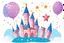 Placeholder: a sparkling star, a castle, elements like balloons and confetti. children book style illustration.