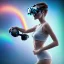 Placeholder: Woman with a VR headset running in futuristic Edimburgh on chrome water and rainbow sky