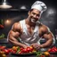 Placeholder: Hyper realistic very handsome shirtless muscular short black hair male chef smiling & cutting capsicums in a dark kitchen