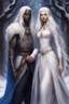 Placeholder: young dark-skinned sorceress with blue eyes and straight long snow-white hair, holding hands with her betrothed man