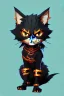 Placeholder: cat 2d, knight, ninja, black fur,full body, orange torn coat,game character, strong, anime, chibi