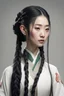 Placeholder: 29 year old beautiful chinese female elf with long black braids, dressed in a diplomatic tunic