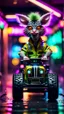 Placeholder: portrait of zebra Hairy Gremlin myth buster pimp ninja yoga cyber punk in flying hipster lawn tractor parked in dark neon lit reflective wet arcade hall tunnel,bokeh like f/0.8, tilt-shift lens 8k, high detail, smooth render, down-light, unreal engine, prize winning