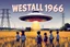 Placeholder: bumper sticker design, large flat ufo with small cap on top, in bold heading text "WESTALL 1966", lots of school children looking up in a field with high voltage powerline and gumtree's, mysterious cool, bold