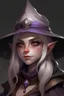 Placeholder: portrait dnd gnome, obsidian marble skin, purple eyes, white hair, ultra wide brim hat, female