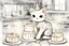 Placeholder: birthday cake, black and white chibi kitten in a beautiful kitchen, heart and love in the sunshine, watercolor and black ink outlines, sparkling golden glitter, ethereal, cinematic postprocessing, bokeh, dof