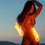 Placeholder: woman made of fire, full body portrait, long flowing hair, only wearing skin-colored bikini, highly detailed, real life photo, photo quality, extremely detailed, high quality, standing in fire