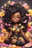 Placeholder: A sassy thick-lined airbrushed cartoon black chibi girl lounging lazily on her side, surrounded by flower petals. She has a golden lion tail curling playfully behind her curvy body. Looking up coyly, she grins widely, showing sharp lion teeth. Her poofy hair forms a mane framing her confident, regal expression.