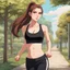 Placeholder: An Arrogant-Looking Young Woman With Pale Skin, Red Eyes, And Long Brown Hair Pulled Up In A Single, Straight Ponytail. Jogging in the park. wearing a black crop top and leggings. Anime Style, High Definition, Greg Rutkowski, 8k Resolution, Intricate Details