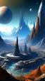 Placeholder: sci fi planet, space city, mountains