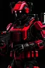 Placeholder: an army robot. guns are attached to his arms. it's color is black and red.