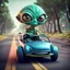 Placeholder: a cartoon alien driving a car down a road, a character portrait by Mike Winkelmann, featured on cgsociety, pop surrealism, rendered in cinema4d, daz3d, behance hd