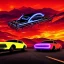 Placeholder: art deco, cyberpunk, two neon muscle cars, race, speed, desert road, sunset, full colour, hd,