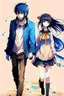 Placeholder: anime couple, walking , colorful, man with salt and pepper beard and woman with dark hair and blue eyes