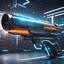 Placeholder: futuristic space gun inside a high tech armory: energy ray