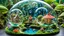 Placeholder: photo from of miniature creatures living in individual floating transparent bubbles. The gallery of bubbles features fantastical landscapes, each one unique and intriguing. In one bubble, a village of extraterrestrial beings thrives, while another features a mystical garden filled with fairies. Another bubble live elves, in another bubble a tropical paradise with dinosaurs. There are bubbles with alien planets, whimsical fairy-tale landscapes, icy land and futuristic city.