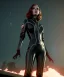 Placeholder: retro sci-fi portrait image from 1960, supermarket parking explosion, fire, classic black widow, young Scarlett Johansson, classic black tight lycra latex suit, retro superhero style, soft color, highly detailed, unreal engine 5, ray tracing, RTX, lumen lighting, ultra detail, volumetric lighting, 3d, finely drawn, high definition, high resolution.