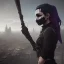 Placeholder: women, faces covered in black masks, ragged clothes, holding flag, war-torn, destroyed city in the background, 8k resolution, hyperrealistic, detailed matte painting, b&w, dynamic lighting, war, anarchy, terrorists