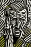 Placeholder: tribal man in grief with hands on face pencil draw style of roy lichtenstein