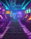 Placeholder: A dark photo of the corners of an 80's aesthetics arcade at night, with a lot of functioning arcade machines, a vaporwave floor and some colorful tiles in between the floor. Purple aesthetics. There are some pizza boxes over some of the arcade machines. The wall has a ticket shop who sells plushies, food and laser tag guns