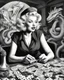 Placeholder: awesome mc escher illustration black and white style beautiful woman marilyn monroe playing poker smoking hip hop gangster hat chasing dragon, (illustration: 1.3), masterpiece, awesome illustration