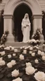 Placeholder: A grave in a field of white roses. Above the grave are swan feathers, a carved dagger, and white lace cloth.cinematic.