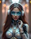 Placeholder: Beautiful woman super model brown long hair science fiction style humanoid half with full body cyborg mechanicals and cybernetics lights wearing headphones,she on standing sweet pose