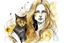 Placeholder: long haired woman with cat, white watercolor and black ink, golden glitters