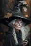 Placeholder: Old White-haired Witchery Witch in her pointed hat ready for the Coven in rusty autumn leaves and silver cobwebs. with burnished browns and abyss black.