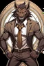 Placeholder: Buff, anthro, wolf, himbo, black fur, gold eyes, wearing a suit, full-body, muscles, strong, muscular, man boobs, bulky, tail, dark fur, smug grin, hands on hips, furry-himbo, broad shoulders, wide hips,