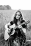 Placeholder: beautiful woman playing acoustic guitar in mid west blck and white old photto