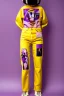 Placeholder: Photograph of a woman. Huge prints on denim,terracotta, cream and purple, lilac and Cream latex parts are bagging. imperial yellow, red plum. Baggy jeans! plant print.European daft punk woman. Baggy jeans! Mantle is sewed of recycled Denim and sewed together of recycled polymer felt. lace, Yellow(Munsell) areas. hint of orange as effect color!!Big bright purple/khaki felt tippet and cream or blue or lilac colored-hood. mantle is merged with satchel, cobalt blue.