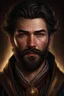 Placeholder: dnd, realistic close-up image of a good looking human male, dark magic sorcerer, charlatan, con artist, long dark har, dark brown eyes, trimmed beard and mustache, very well dressed, charming, arrogant and intimidating, in his late 40s