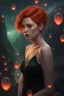 Placeholder: 3D Bubbles, Floating hearts with an electrical current, fog, clouds, somber, ghostly mountain peaks, a flowing river of volcanic Lava, fireflies, a totally gorgeous woman with short, buzz-cut, pixie-cut red hair tapered on the sides, green eyes, wearing a black, sinister, mermaid dress