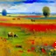 Placeholder: A field with flowers, haystacks, and animals in aboriginal art painted by Claude Monet