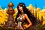 Placeholder: exotic sci-fi steampunk pin-up girl, with long dark hair with bangs, on an alien planet with cloud trees, tall spires, buildings, bridges, arches, photorealistic