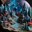 Placeholder: Detailed creepy landscape made of modeling clay, fairy tale, mountains, people, village, stars and planets, Roger Dean, naïve, Tim Burton, strong texture, Ernst Haekel, extreme detail, Max Ernst, decal, rich moody colors, sparkles, bokeh