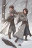 Placeholder: DnD style, two medieval peasant kids playing in the snow male and female, age 14 and 15, happy and playful, he has a short sword.