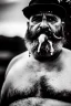 Placeholder: close up photography, dirty burly chubby Italian strong 48 years old homeless man, dripping milk from open mouth, dripping on the beard, with dirty tank top, emotional eyes, manly chest, photo, Canon EOS, lens 35mm, natural lights, 8K, in the morning