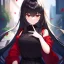 Placeholder: Clear focus,High resolution, black long hair, Vibrant red eyes, Emo style, Black skirt, wearing a black shirt sleeveless, Wearing black and red cutsleeves