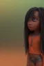 Placeholder: 3D render of a cyberpunk tribal young black girl, black hair, ragged shirt, on a orange dune background, digital art